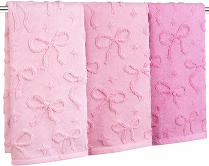 Shemilly 3pcs Bow Hand Towels Set Pink Bow Jacquard Hand Towel for Bath 100% Cotton Soft Bathroom Kitchen Decorative Set for Spring Summer Holiday Decor Gift,14 x 29 Inch