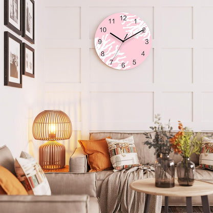 Ocean Wall Clock Battery Operated Non-Ticking 10" Round Wood Clocks, Coral Texture Marine Pink Kitchen Wall Clock for School Bathroom Living Room Home Office Wall Decor