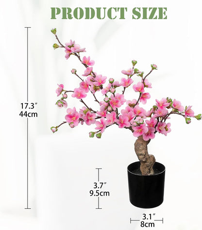 Faux Cherry Blossom Decor Pink Silk Flowers Arrangement 17.3" Small Cherry Blossom Flowers Tree Realistic Artificial Flowers with Vase Pot Fake Flowers for Home Office Table Centerpiece Wedding Decor