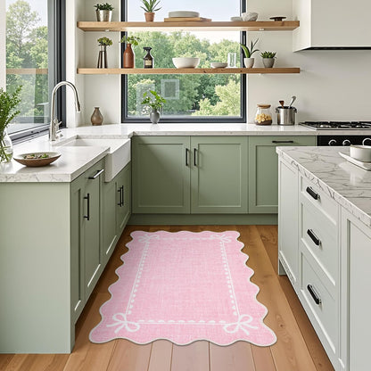GarveeHome Scalloped Bow Rug for Kitchen Floor, Solid Pink Rug for Dorm, Washable Entryway Rugs 2x3 Soft Low Pile Non Slip Scalloped Rugs for Nursery Bedroom Decor Hallway