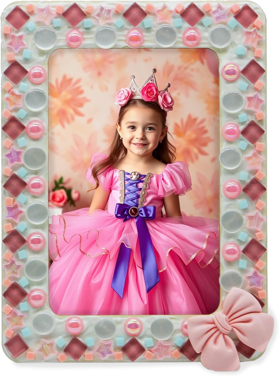 Fenzonmic DIY Photo Frame Craft Kit: Mosaic, Buttons, Stars & Bows, Customizable 4x6 Inch Wood Frame for Family Activity, Home Decor Gifts (Pink)