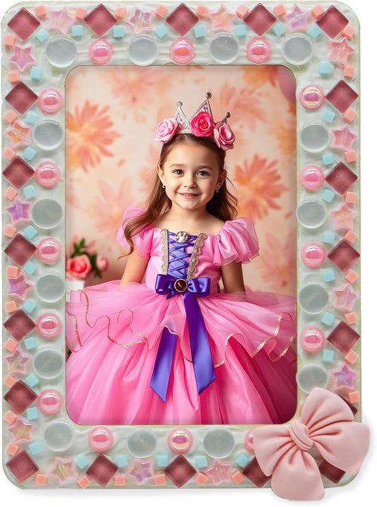 Fenzonmic DIY Photo Frame Craft Kit: Mosaic, Buttons, Stars & Bows, Customizable 4x6 Inch Wood Frame for Family Activity, Home Decor Gifts (Pink)