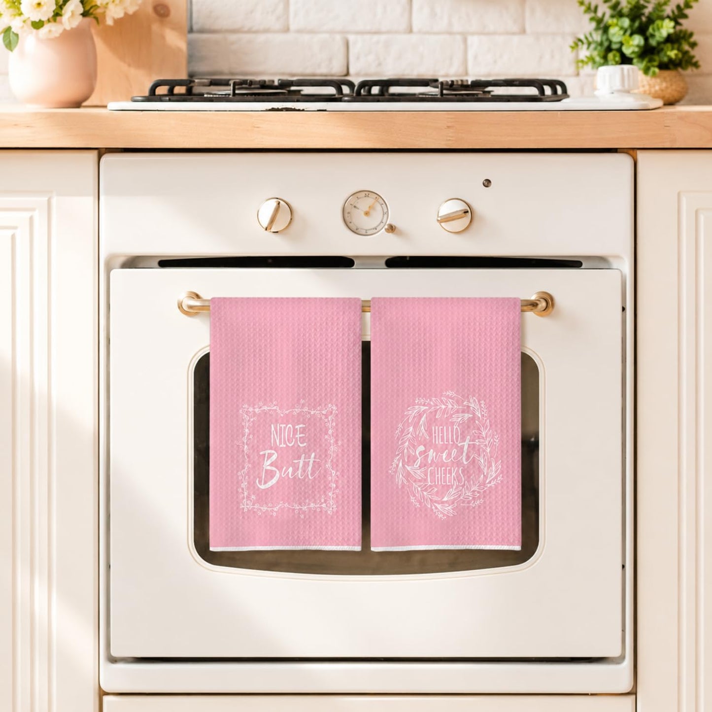 wuguimeii Funny Pink Bathroom Hand Towels - Hello Sweet Cheeks Decorative Kitchen Rustic Bath Towel - Pink Bathroom Accessories Waffle Towel for Farmhouse Restroom 16X24 Inches
