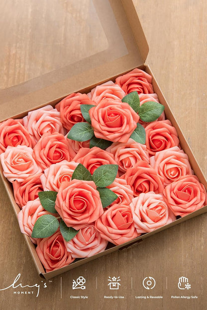 Ling's moment Artificial Flowers 25Pcs Deep Coral Roses Decor w/Stems,3" Real Touch DIY Foam Floral for Wedding Bouquet/Centerpieces, Outdoors Party Backdrop, Room/Table, and Garden/Pot Decorations