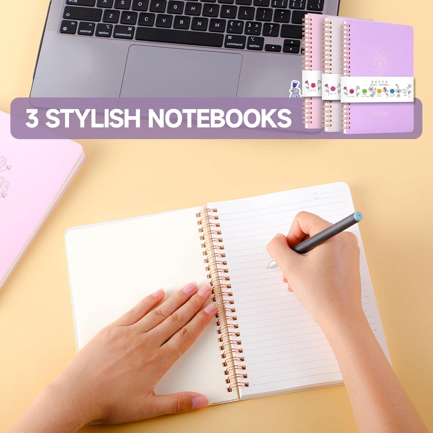 Spiral Notebook 3 Pack - 100GSM Smooth No-Bleed Paper,120 Pages A5 8.26x5.7 Inch, 7mm Ruled Pages, Inner Pocket | Journal Writing, College, Office Meetings (PINK AND PURPLE AND BEIGE)