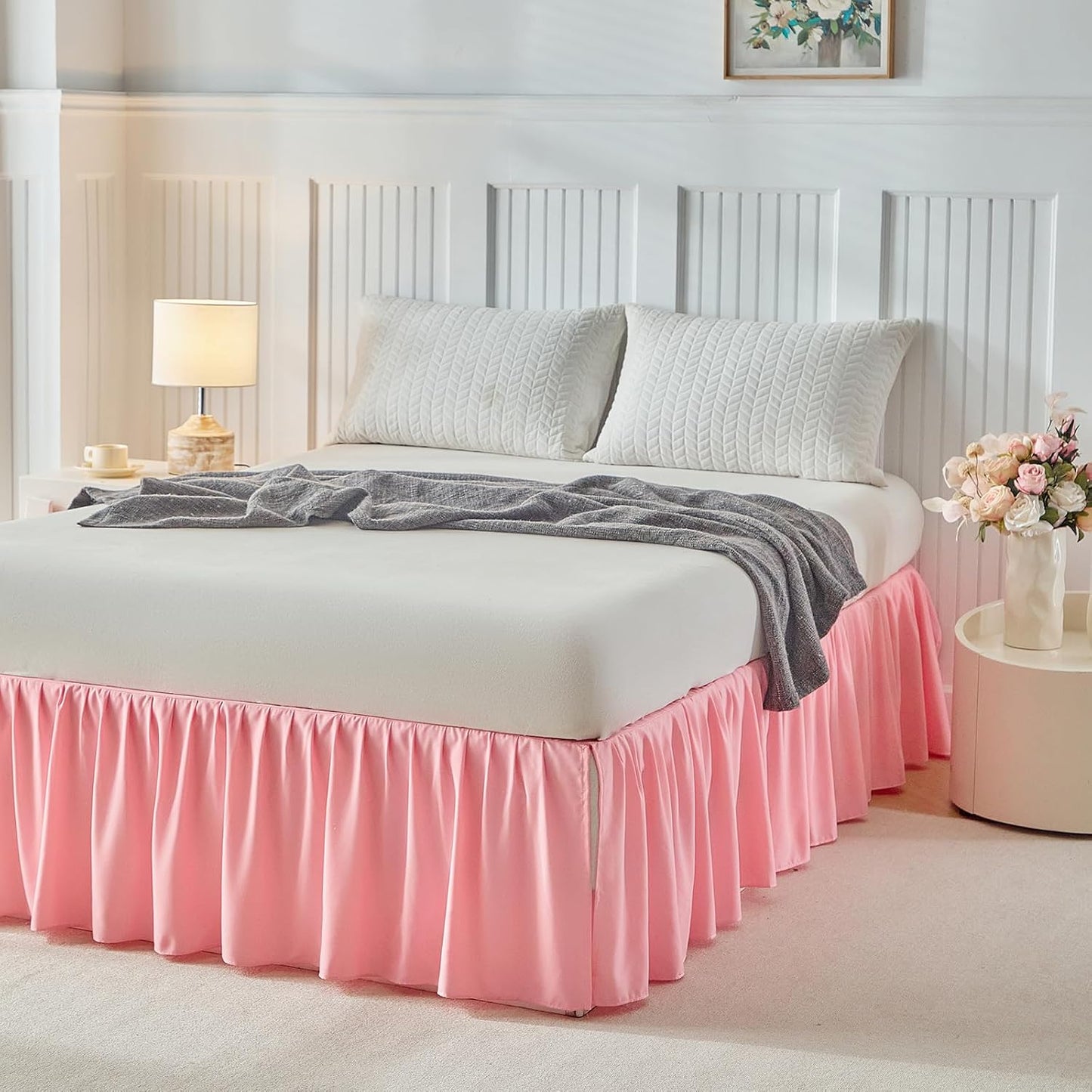 Uozzi Bedding Bed Skirt Queen Size Three Fabric Sides Elastic Dust Ruffled Bed Skirt with Split Corners, Full Ruffles Bed Skirts 16 Inch Drop with Platform, 16'' Queen Pink