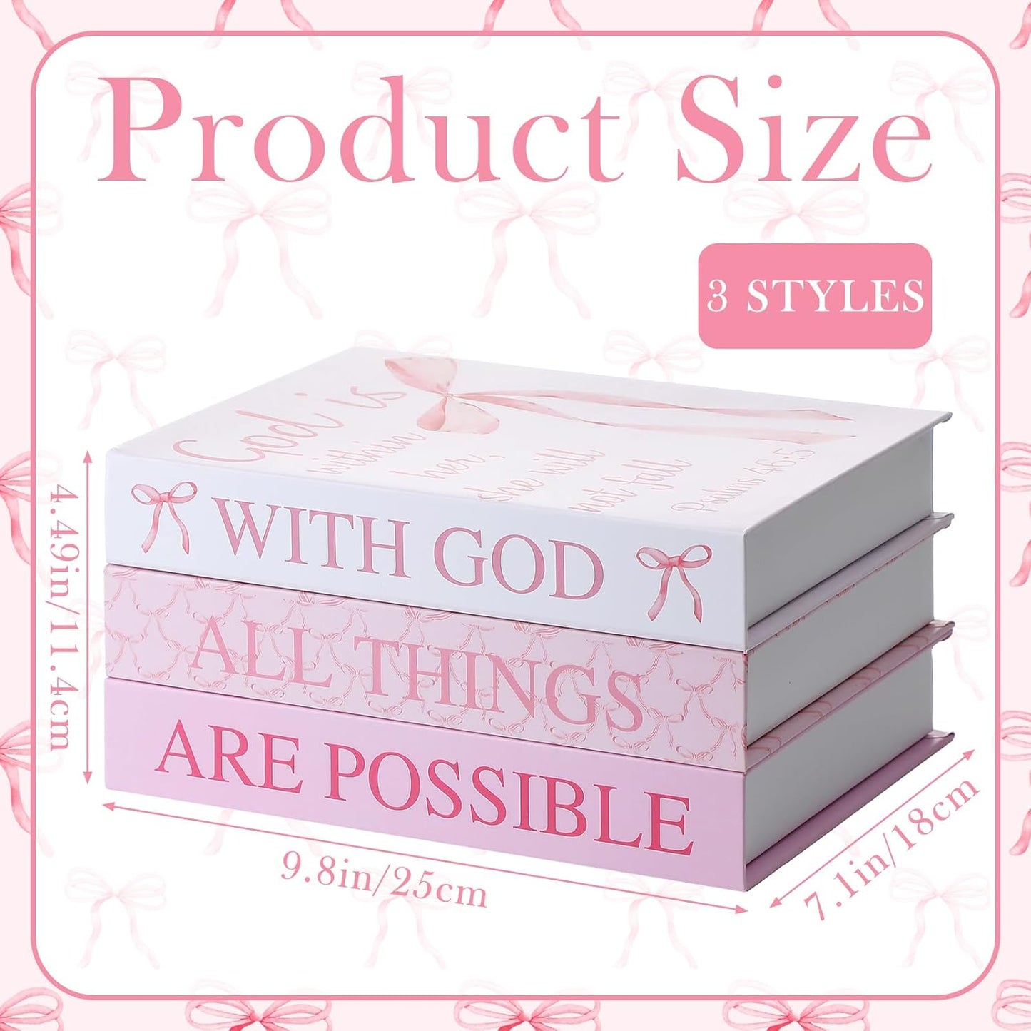 Beeveer 3 Pcs Pink Bow Decorative Books with Bible Verses for Coquette Room Decor Christian Preppy Fake Books with God All Things Are Possible Magnetic Storage Box for Girly Bookshelf School Christmas
