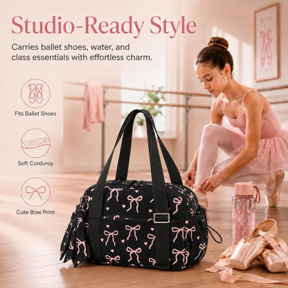 LOIDOU Aesthetic Dance Bag for Girls Corduroy Lightweight Bow Ballet Gymnastic Bag, Small Gym Bag for Women with Wet Dry Pocket, Cute Tote Bag Gifts for Birthday Christmas