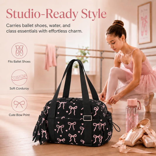 LOIDOU Aesthetic Dance Bag for Girls Corduroy Lightweight Bow Ballet Gymnastic Bag, Small Gym Bag for Women with Wet Dry Pocket, Cute Tote Bag Gifts for Birthday Christmas