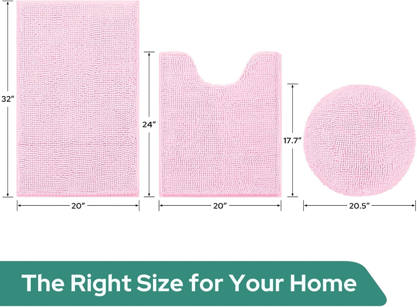 HOMEIDEAS 3 Pieces Light Pink Bathroom Rugs Set, Ultra Soft Non Slip Bath Rug and Absorbent Chenille Bath Mat, Includes U-Shaped Contour Rug, Bath Mat and Toilet Lid Cover, Perfect for Bathroom, Tub