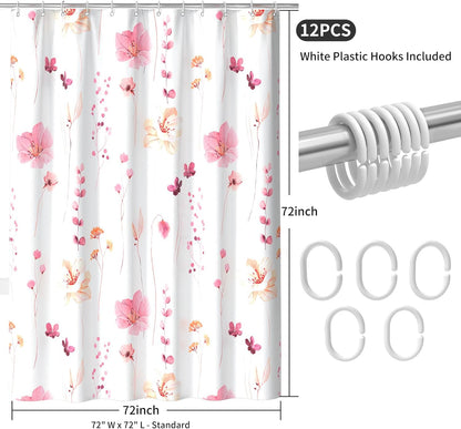 QiyI Watercolor Floral Shower Curtain, Flowers Print Minimalist Bathroom Curtain, Machine Washable Spring Modern Shower Curtains, Waterproof Fabric Shower Curtain Set with Hooks, 72 x 72, Peach Pink