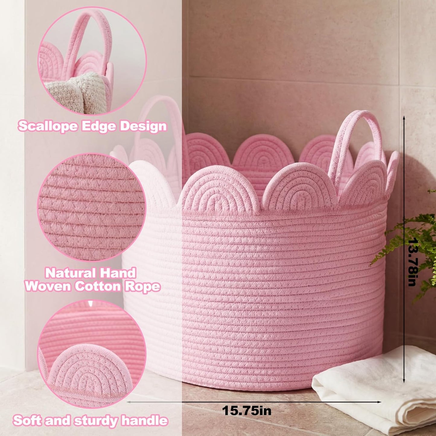 LemonRoad Pink Round Basket Large Blanket Basket 15.8" L X 15.8" W X 13.8" H Scalloped Woven Baskets Cotton Storage Baskets for Nursery Classroom Closet Blankets Storage Home Decor