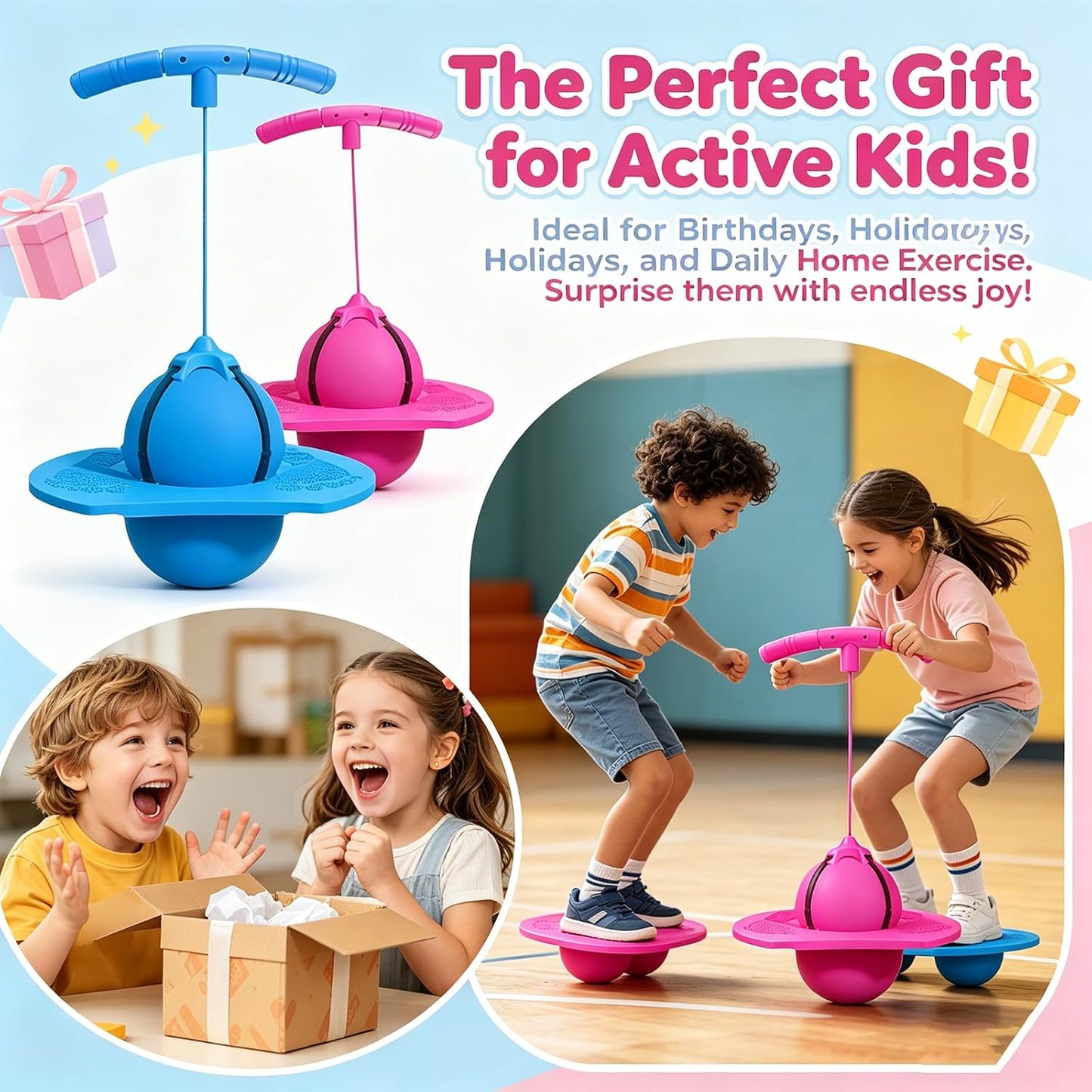 Moonycozy Jumping Ball, Balance Jumping Ball with Handle and Ball Pump, Childrens Balance Jumpings Ball with Handle, 2‑in‑1 Pogo Jumper & Balance Ball, Safe and Fun Bouncing Ball for Kids (Pink)