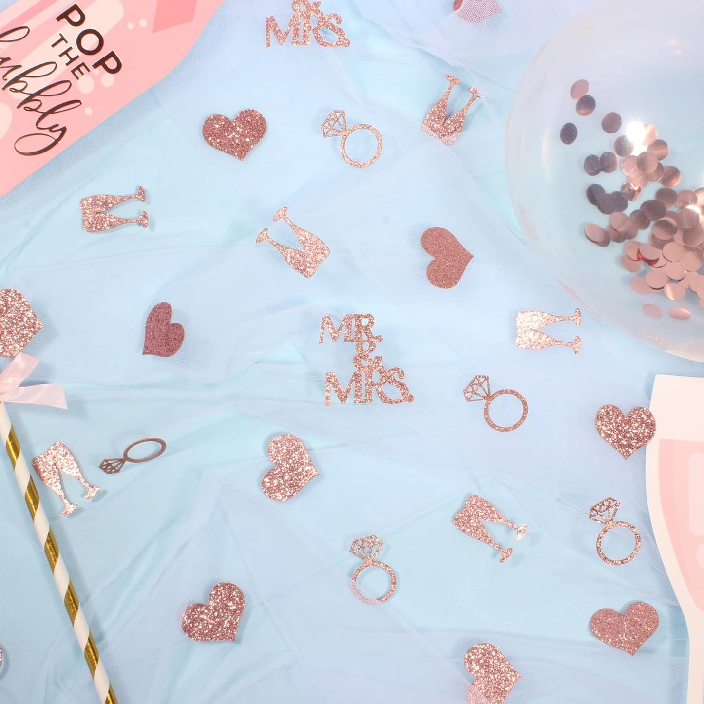 200PC Rose Gold Wedding Confetti for Bridal Shower Decorations Heart Ring Mr&Mrs Table Scatter for Bachelorette Engagement Party Decorations