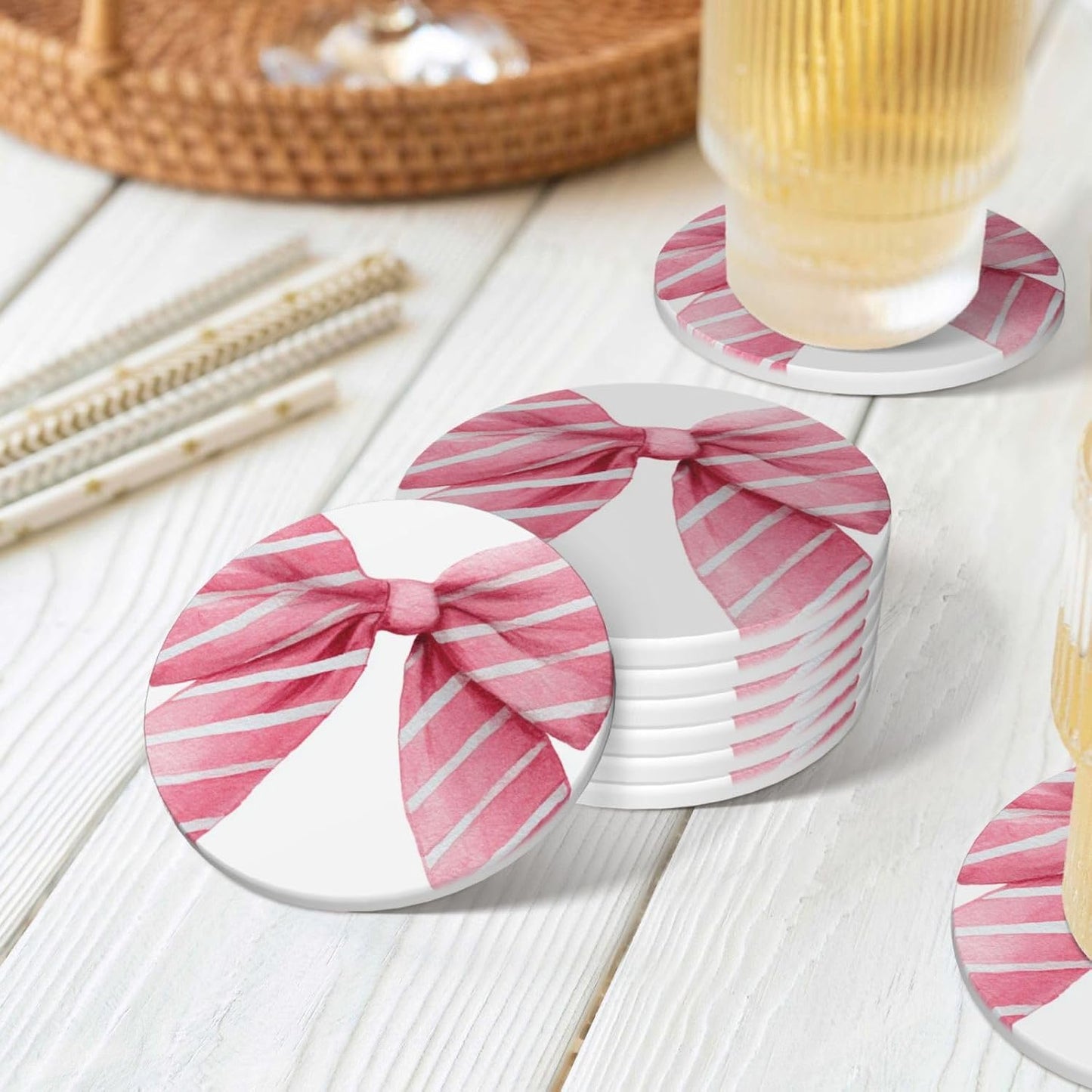 Light Pink Watercolor Bow with White Stripes Ceramic Coasters with Holder Set of 6 Coffee Cup Drink Coasters