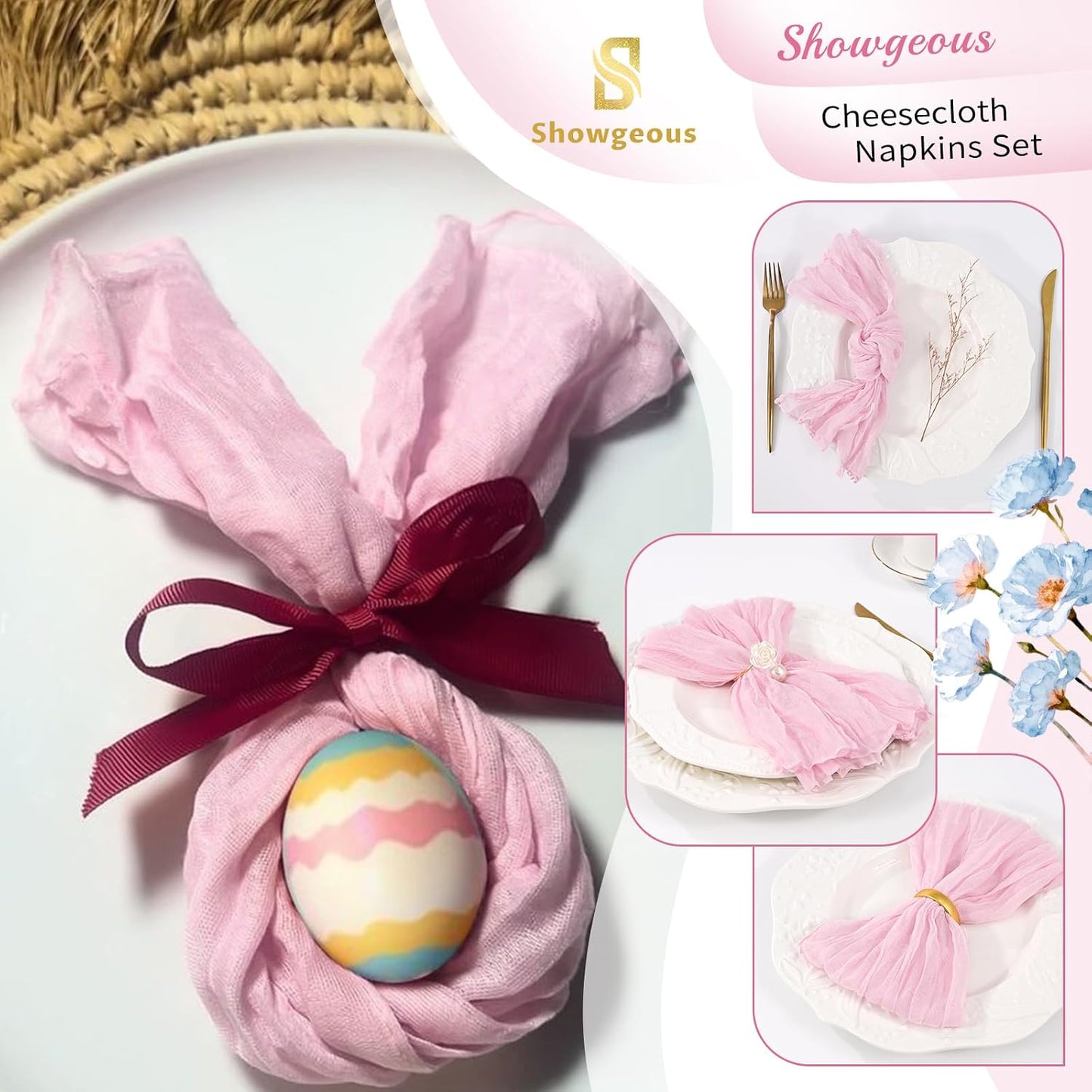 10 Pack Pink Cheesecloth Napkins 20"x20" Boho Washable Cloth Napkins Set of 10 Wrinkled Cheese Cloth Napkins Gauze Dinner Table Napkin for Wedding Party Baby Shower Birthday Decor