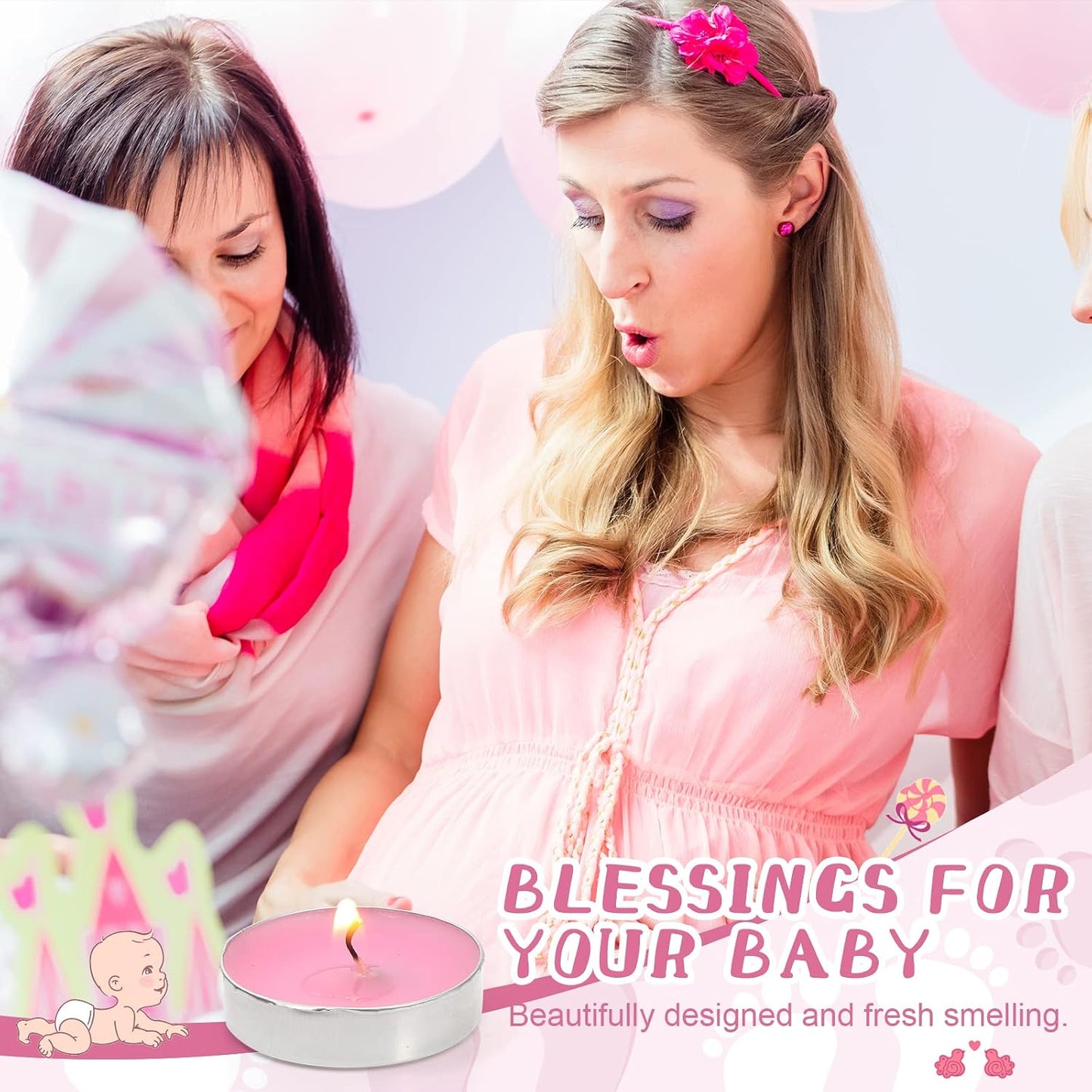 50 Sets Baby Shower Party Favors Including 50 Pcs Unscented Tealight Baby Shower Candles Gift Bags Cards for Gender Reveal Party Supplies(Pink)