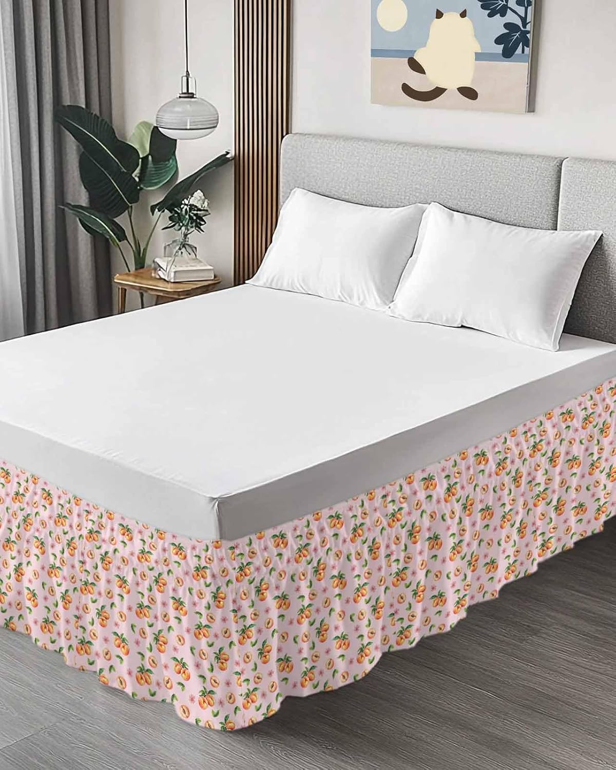 Bed Skirt Pink Peaches Bedskirt 16 Inch Drop Flowers Summer Fruit Adjustable Elastic Wrap Around Bed Skirts Dust Ruffle for Queen Size Bed Frame Cover