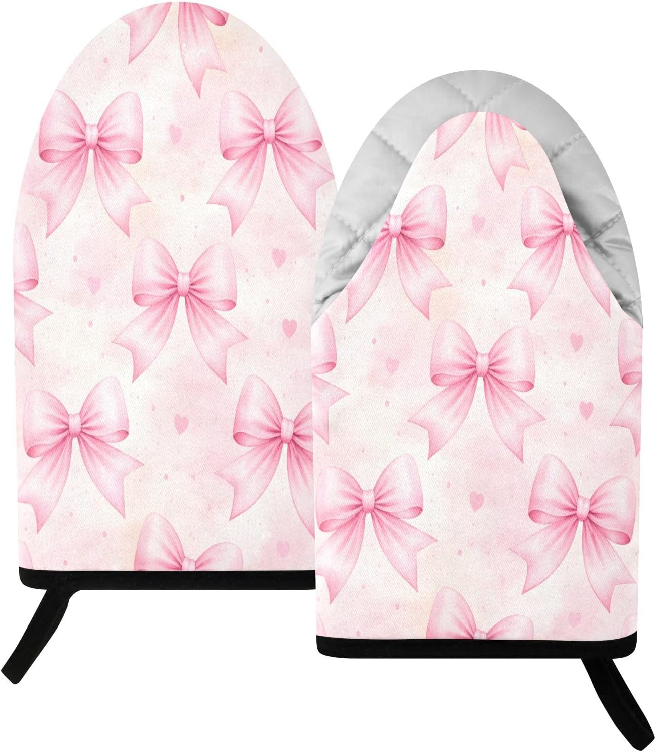 Bows Light Pink Non-Slip Oven Mitts Set Heat Resistant Kitchen Gloves with Quilted Liner Cotton Machine Washable with Hanging Loop for Baking Grilling BBQ