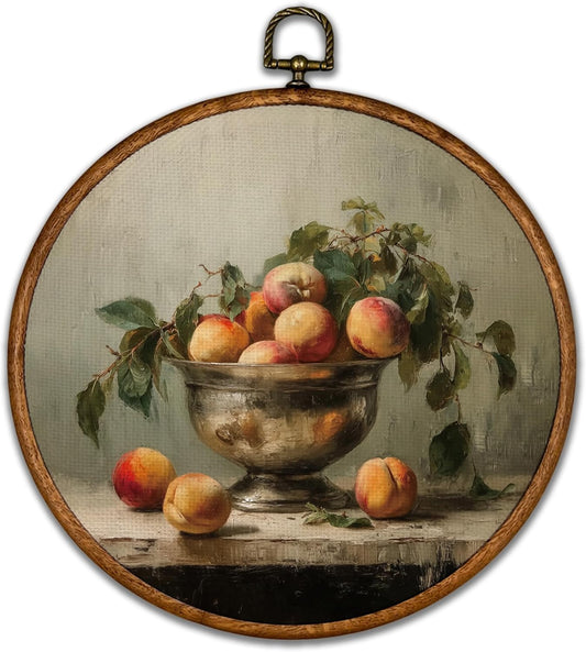 BCUANGD Vintage Peach Round Wall Art Decor - Retro Still Life Food Wall Art Canvas Frame Artwork Prints, Rustic Country Bakery Round Wall Hanging Decorations for Kitchen Home, 10"x10"