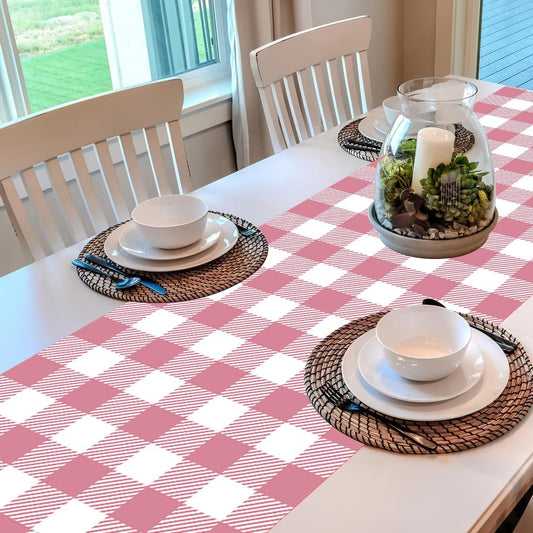 Pink and White Buffalo Plaid Table Runner 13x72 Inch | Classic Holiday Plaid Farmhouse Kitchen Dining Table Decoration for Indoor Outdoor Home Party Decor