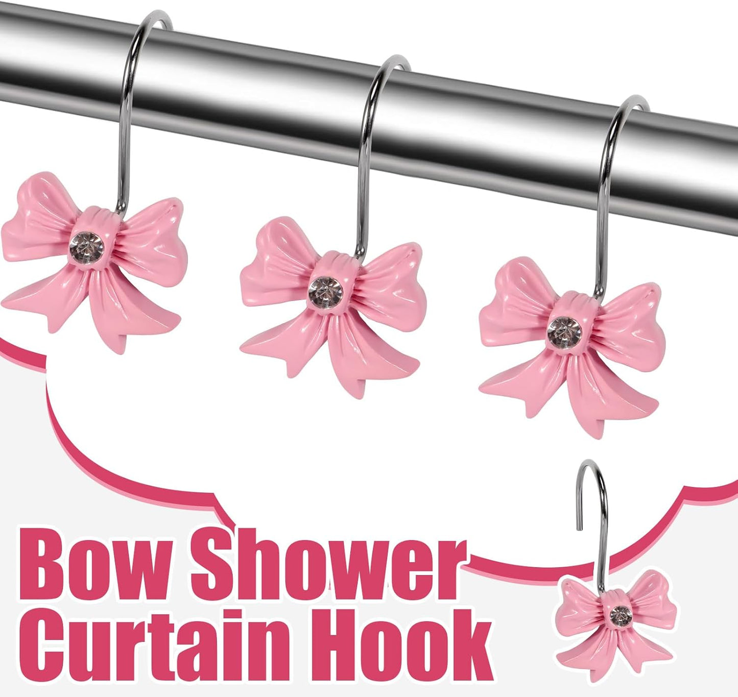 12 Pcs Bow Shower Curtain Hooks, Bow Design Resin Rustproof Bathroom Curtain Hook Decoration, Decorative Accessories for Shower Rings in Girls' Bathrooms (Pink)