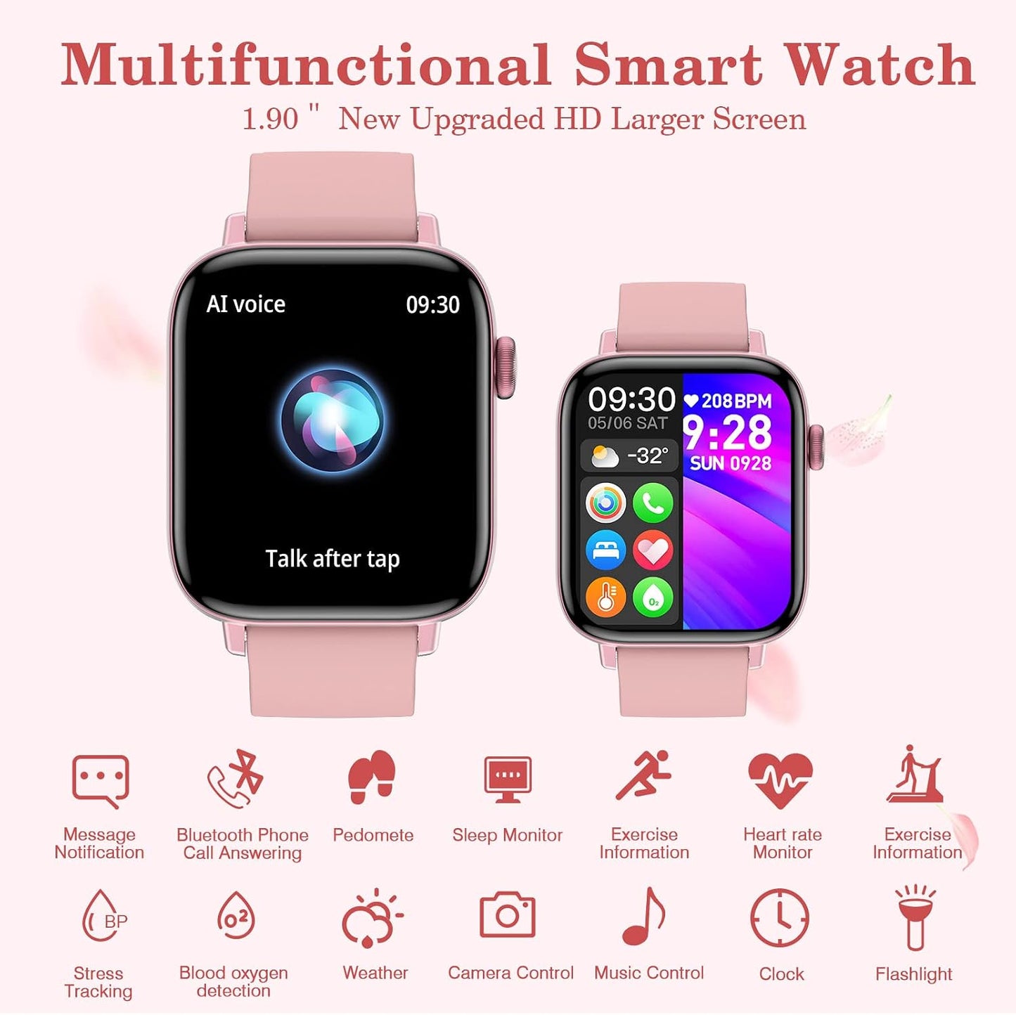 PJYUBVOR 1.9" Smart Watch for Women - Bluetooth Call Fitness Tracker with Heart Rate/Sleep Monitor/Menstrual Reminder, DIY Watch Face Waterproof Smartwatch Compatible with Android iPhone (Pink)