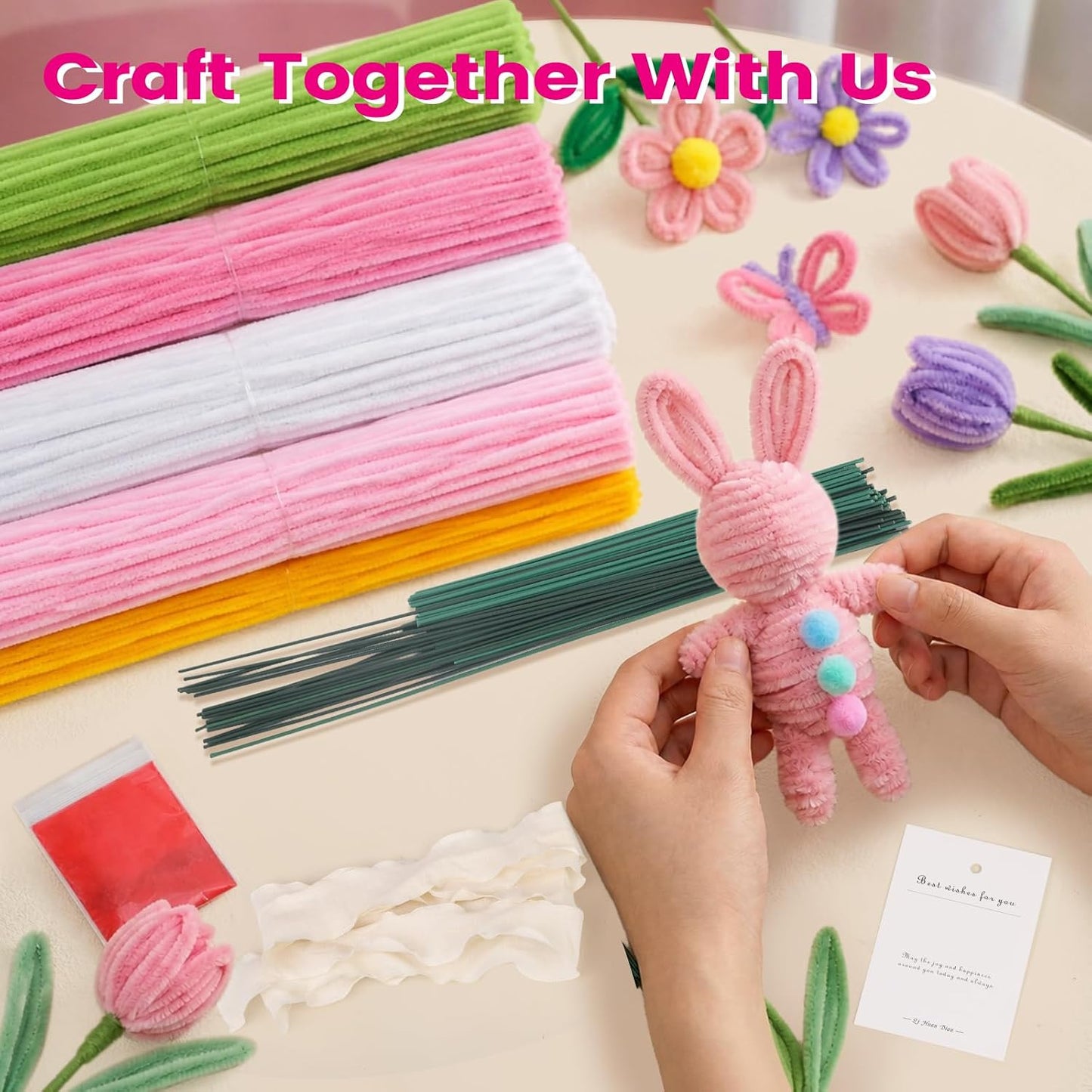 GABREE DIY Pipe Cleaner Flower Kit, 450Pcs Pipe Cleaners Craft with Floral Wire & Tape, Flower Making kit for DIY Flowers & Crafts, Creative Arts and Crafts Gift for Adults (Pink)