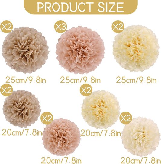 EASY JOY Boho Tissue Paper Pom Poms Tissue Paper Flowers (15PCS) Champagne Brown Dusty Pink Neutral Party Decorations,for Bridal Shower Baby Shower Decorations for Girl, Wedding, Birthday Party