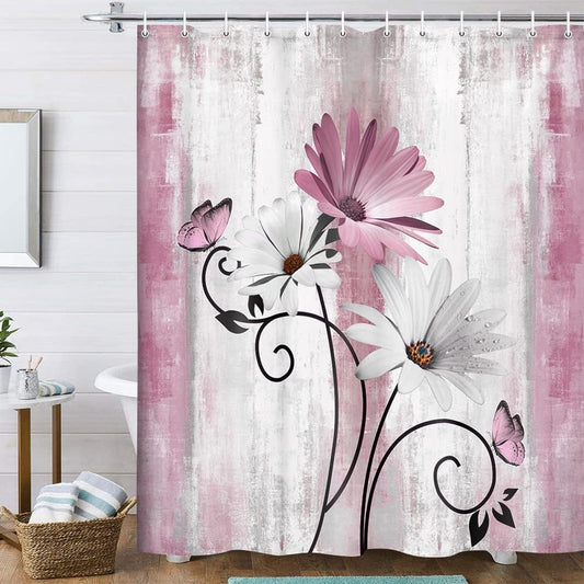 Rustic Farmhouse Shower Curtain, Farm Pink Daisy Floral Flowers and Butterfly on Country Wooden Shower Curtain for Bathroom, Pink Grey Bathroom Shower Curtains with 12PCS Hooks, 70X70IN