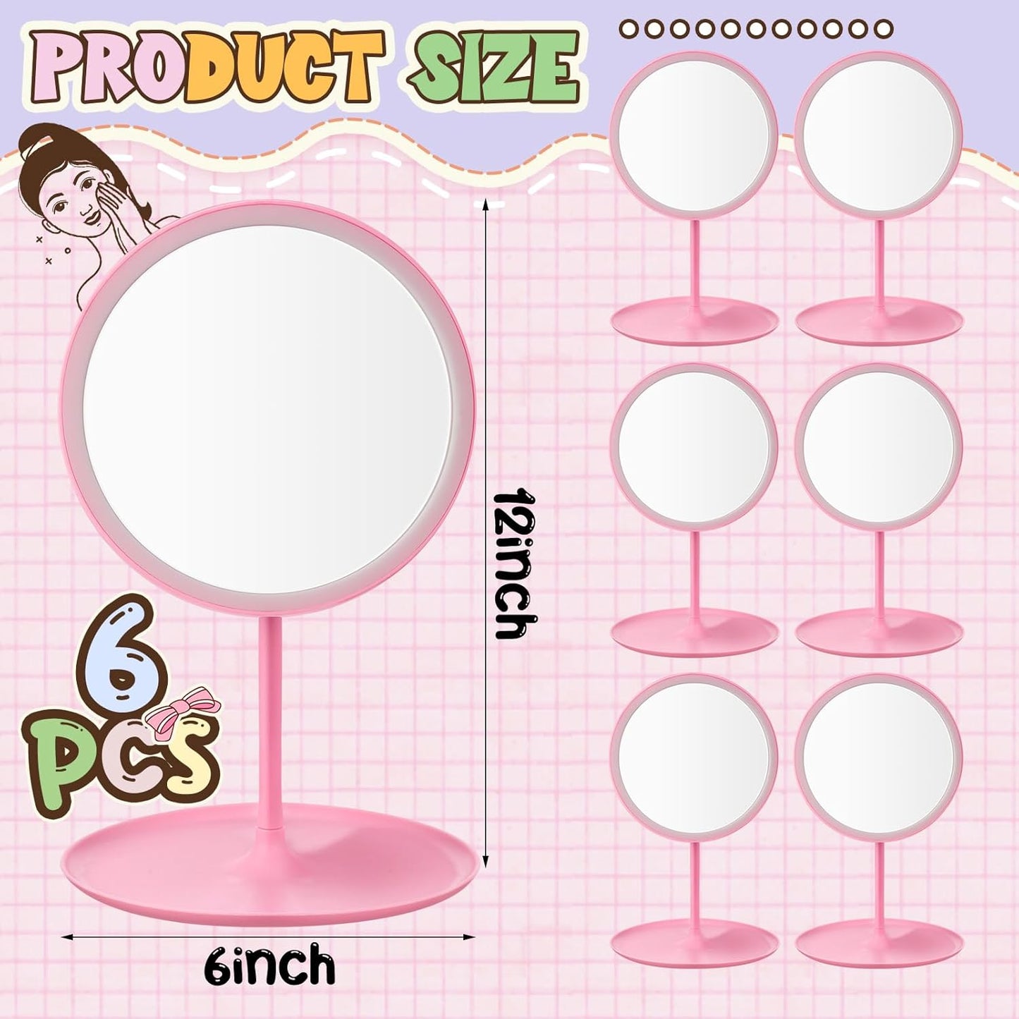 DoubleFill 6 Pcs Spa Party Mirrors Gifts Sleepover Party Favors Make up Table Mirror for Women Girls End of Year Teacher Accessory Sleepover Supplies Bridesmaid Gifts Slumber Birthday Favors(Pink)
