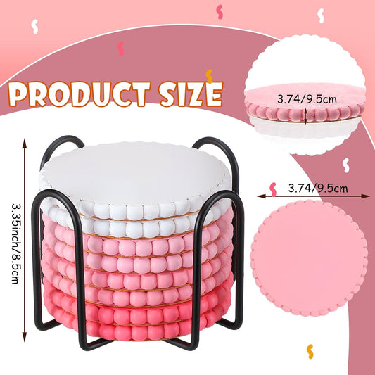 Chengu 8 Pcs Pink Wooden Bead Coasters with Metal Holder Cute Pink Coquette Coasters Desk Decorations Absorbent Rustic Farmhouse Decorative Wooden Cup Mat for Bar Kitchen Housewarming Gifts