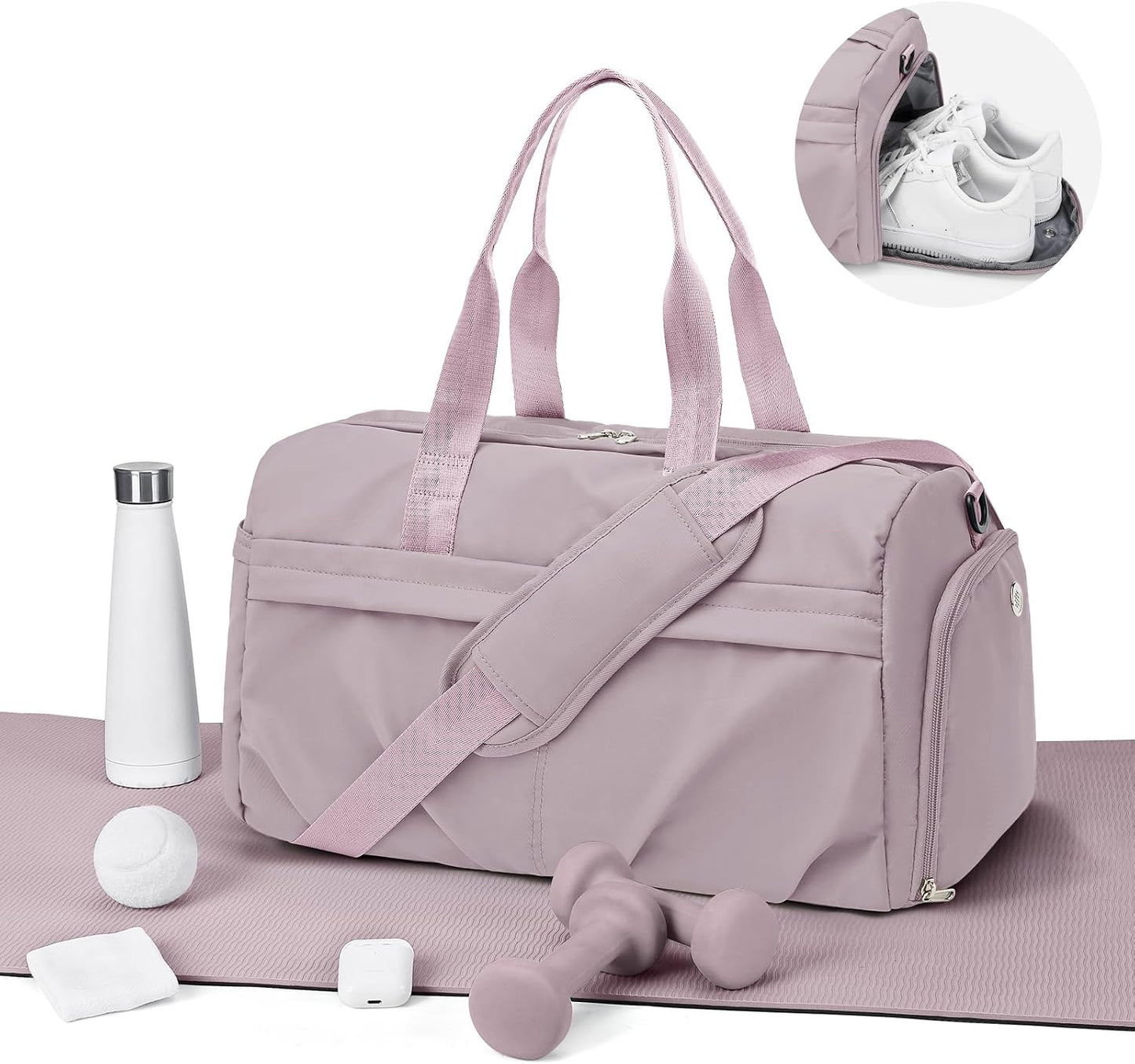 Gym Bag for Women Duffle Bag with Shoe Compartment Yoga Mat Bag Sports Workout Bag Weekend Overnight Bag, Light Pink