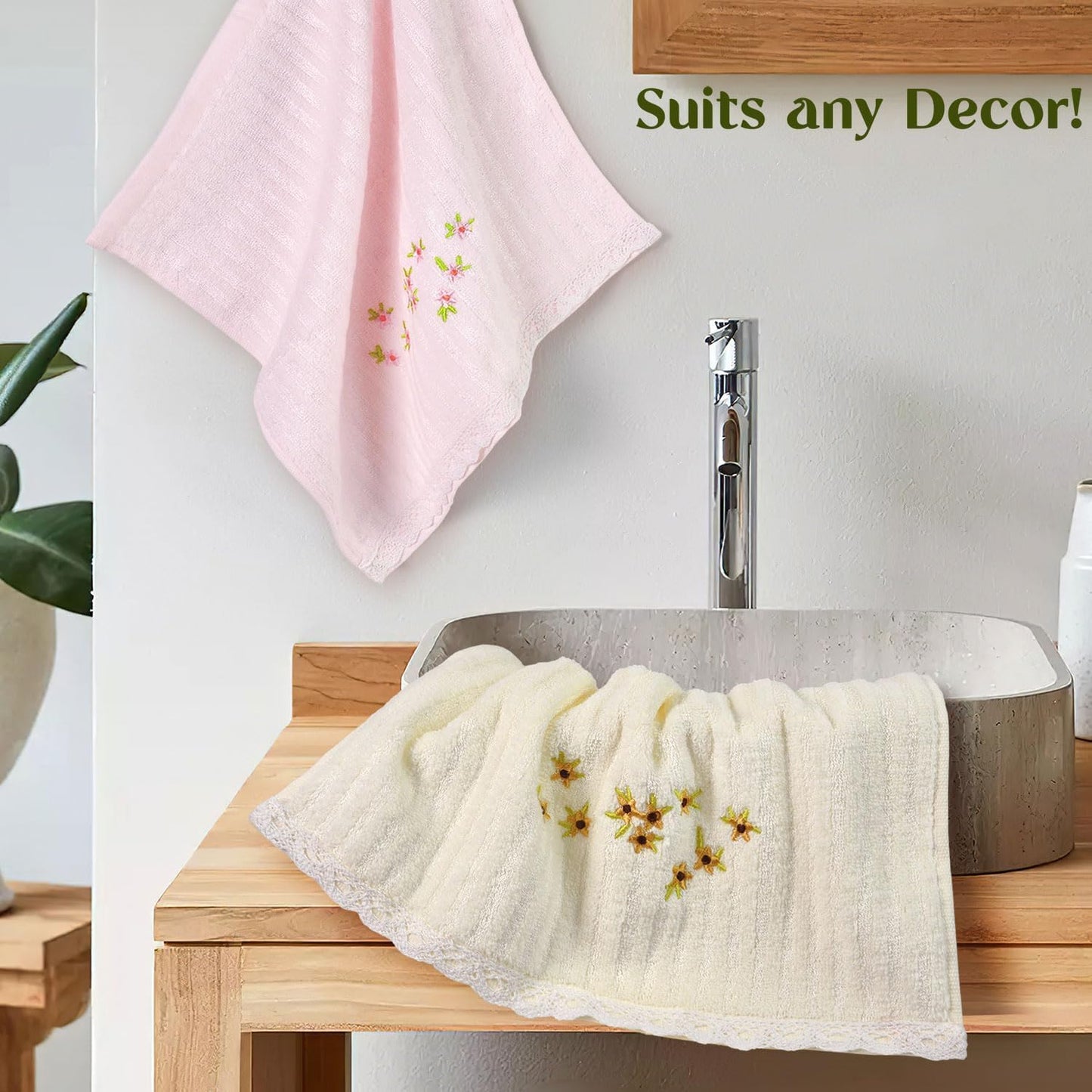 Jacquotha Bathroom Washcloths Face Towels 4-Piece, Floral Embroidered, Cotton, Pink & Cream 13” x 13"