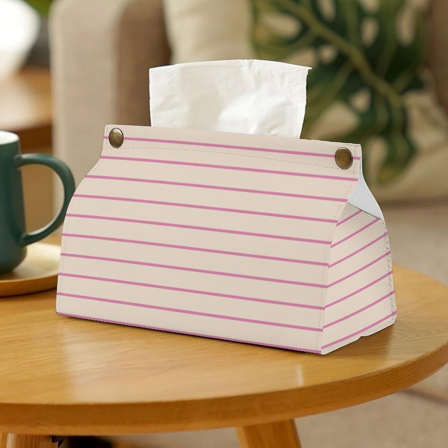 Pink and Ivory Stripes Geometric Pattern Tissue Box Cover PU Leather Facial Tissue Dispenser Box for Office Car & Bathroom