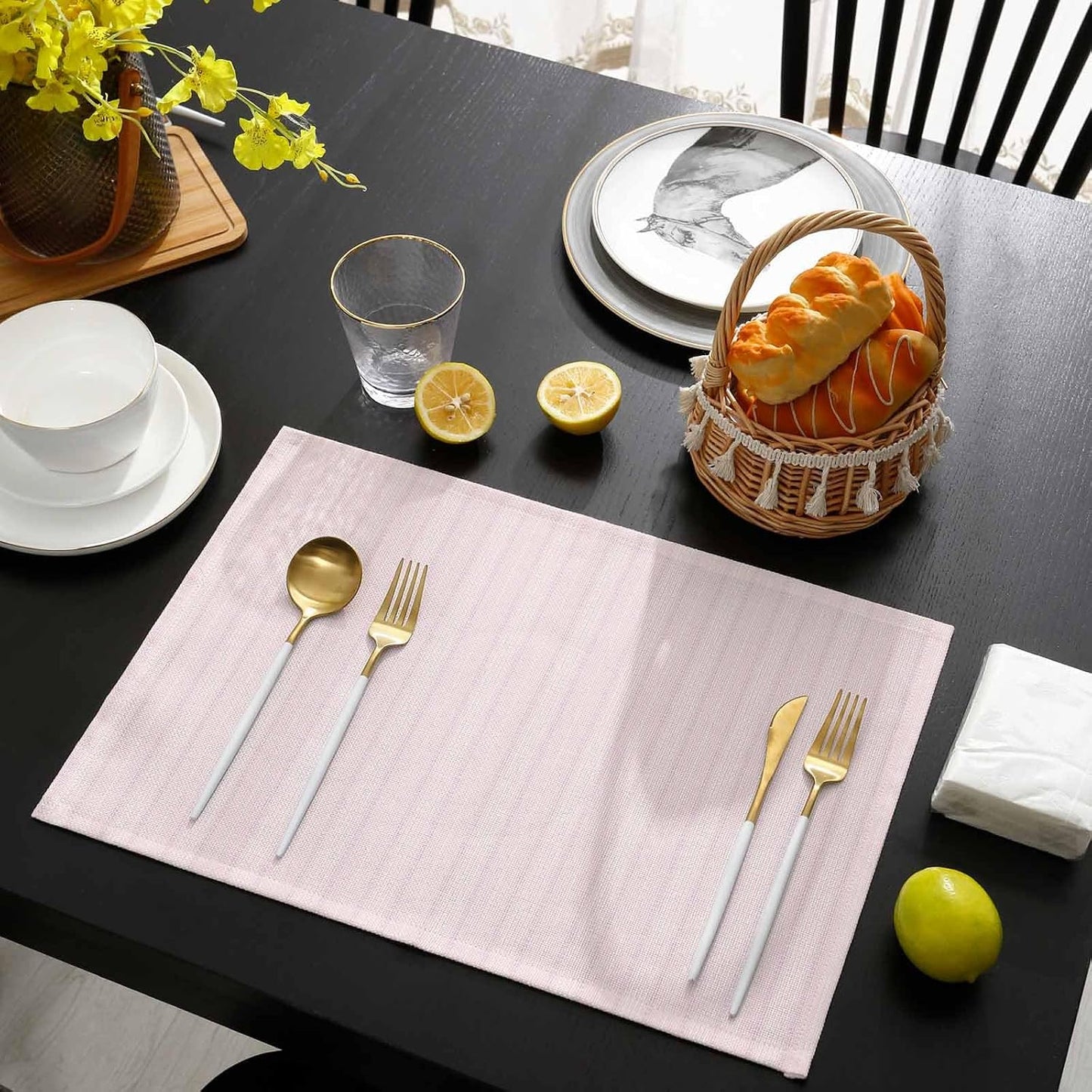 Blush Pink Line Striped Placemats Set of 6, Farmhouse Pink Stripes Placemats for Dining Table, Place Mats for Kitchen Tabletop, Waterproof Wipeable Dining Table Mats Set