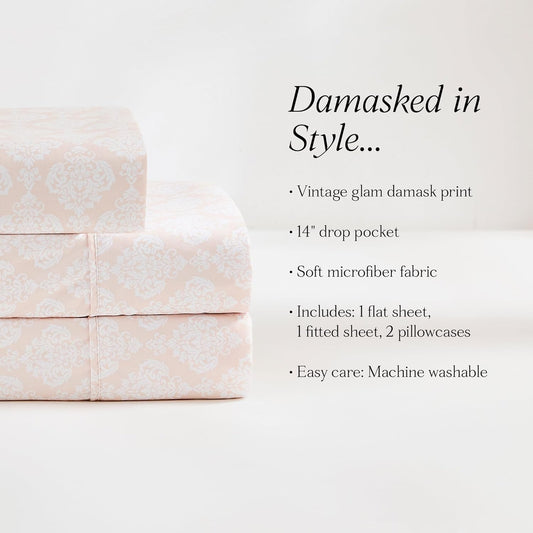 Lush Decor Romer Damask Sheet Set 4 Piece Set Twin Peach - Pink Sheets - Damask Pattern - Kids Bed Sheets - Traditional Style - Vintage Decor