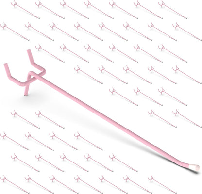 50-Pack Pink Pegboard Hooks 6 Inch - Fits 1/8 and 1/4 Inch Boards | Decorative Metal Peg Board Hangers with Rubber Safety Tips - Heavy Duty Organizer for Craft Room, Garage & Retail Display