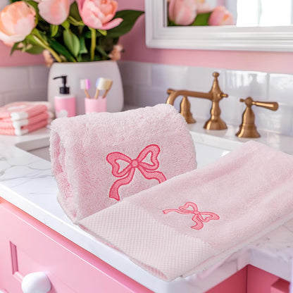 FYSUIMU 2 Pack Pink Bow Hand Towel Cotton Embroidered Cute Bowknot Bathroom Towel Dish Towels for Kitchen Hand Drying Cleaning Cooking, 29.5 x 13.7 Inch