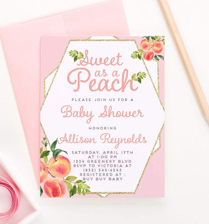 Modern Pink Paper Personalized Sweet as a Peach Baby Shower Invitations, Summer Baby Shower Invites, Your choice of Quantity and Envelope Color