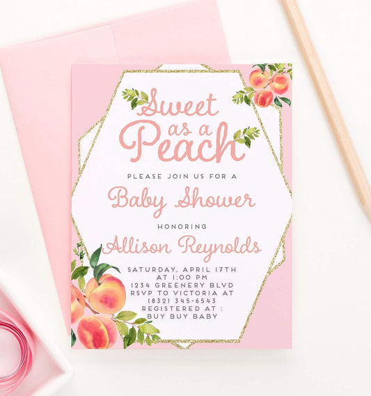 Modern Pink Paper Personalized Sweet as a Peach Baby Shower Invitations, Summer Baby Shower Invites, Your choice of Quantity and Envelope Color