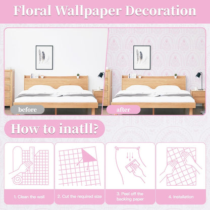 Abyssaly Boho Peel and Stick Wallpaper Pink and White Wallpapers Modern Contact Paper Removable Self-Adhesive Waterproof Wall Paper Vinyl Rolls for Bedroom Bathroom Cabinets Decor 17.3" x 118"