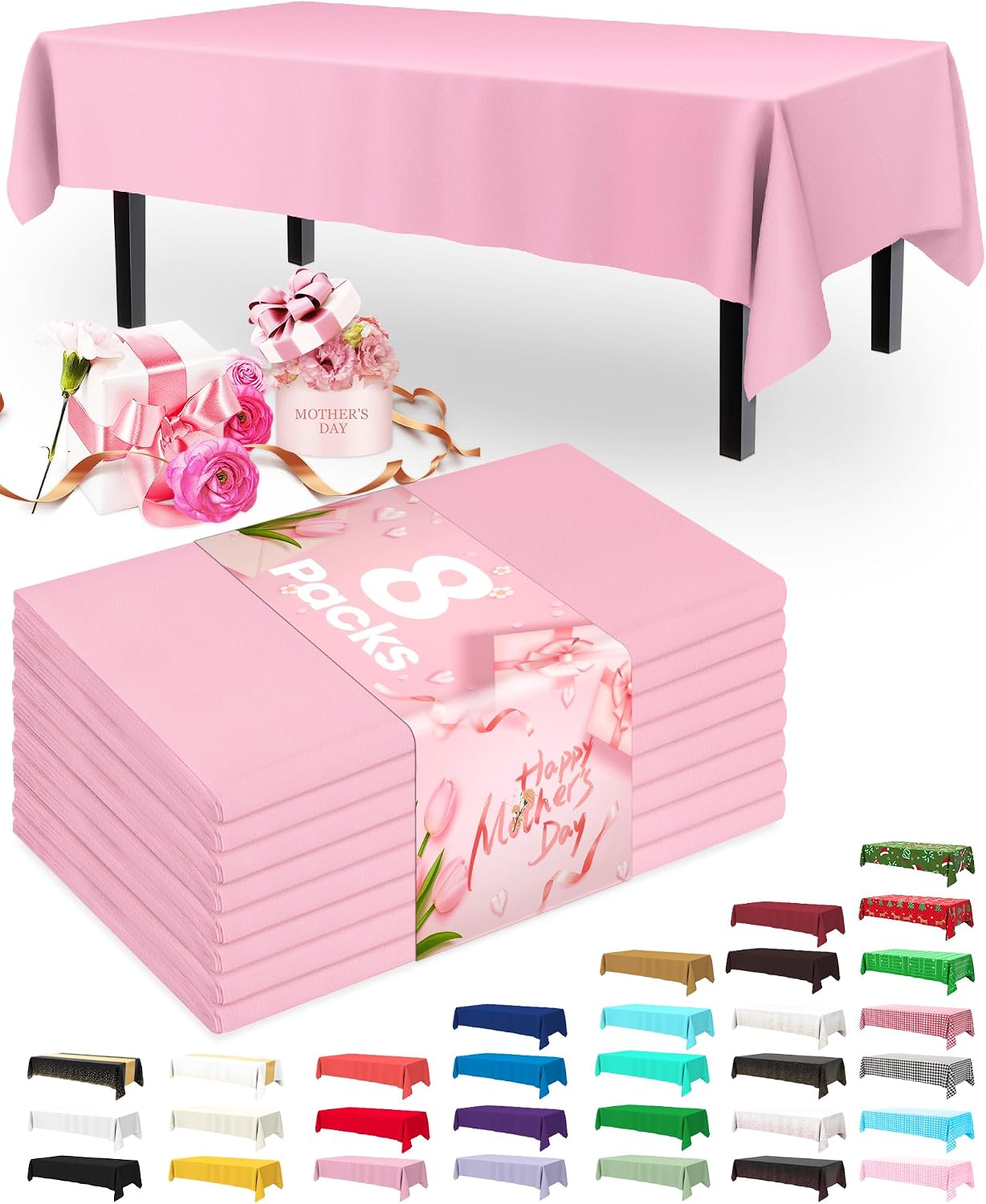 Pureegg Plastic Table Cloth Disposable 8 Pack, 54 x 108 Inch Table Cloths, Easter Party, Valentines, Mothers Day Decorations, Tablecloths, Rectangle, Pastel Plastic Cover, Leakproof & Sturdy, Pink
