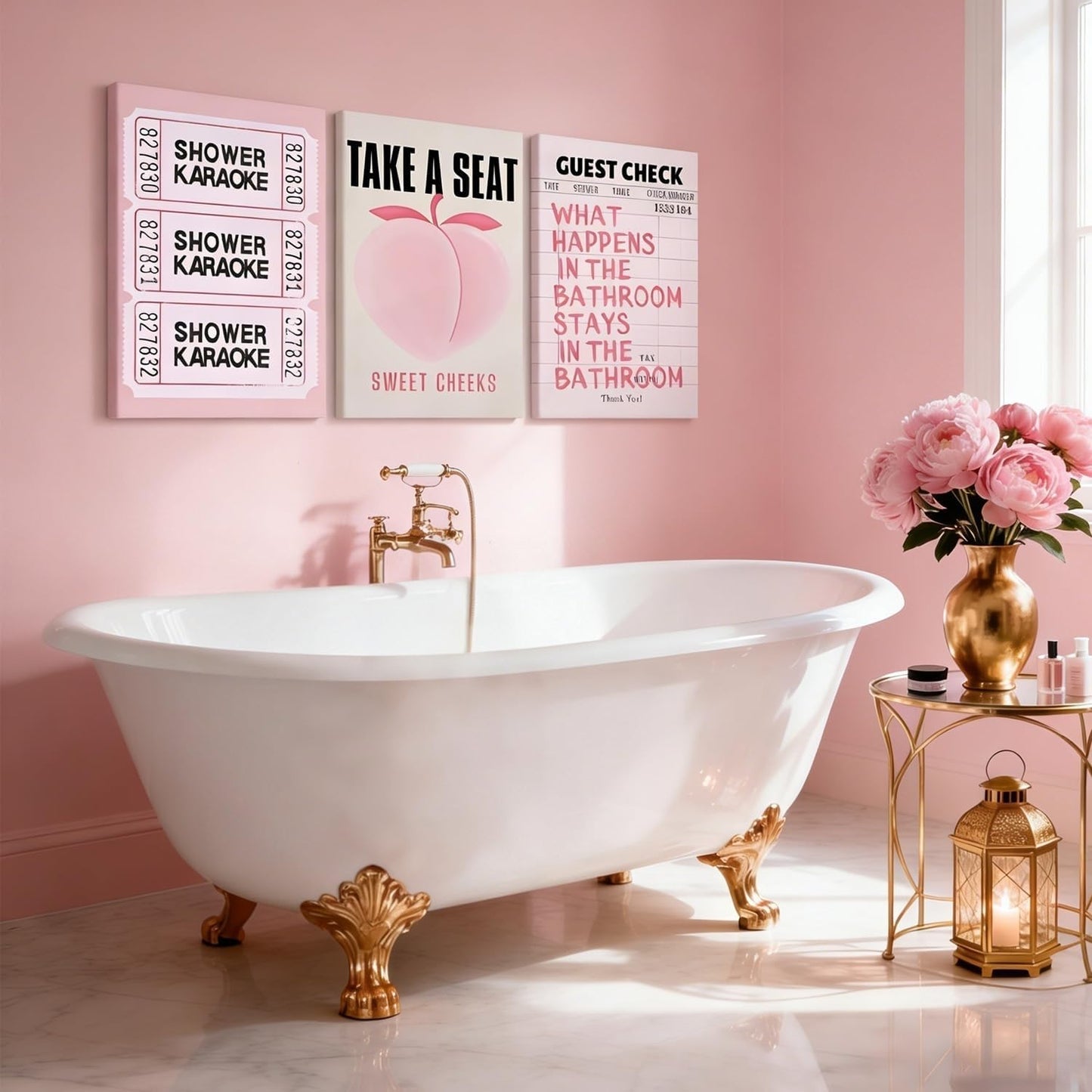 RUMSICH 3-Piece Fun Pink Peach Bathroom Canvas Wall Art Pink Shower Karaoke Ticket Wall Decor Artwork Preppy Humorous Quotes Painting Prints Suitable for Girls Bathroom Toilet 12x16 Inch Framed