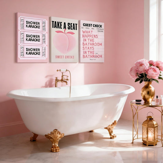 RUMSICH 3-Piece Fun Pink Peach Bathroom Canvas Wall Art Pink Shower Karaoke Ticket Wall Decor Artwork Preppy Humorous Quotes Painting Prints Suitable for Girls Bathroom Toilet 12x16 Inch Framed