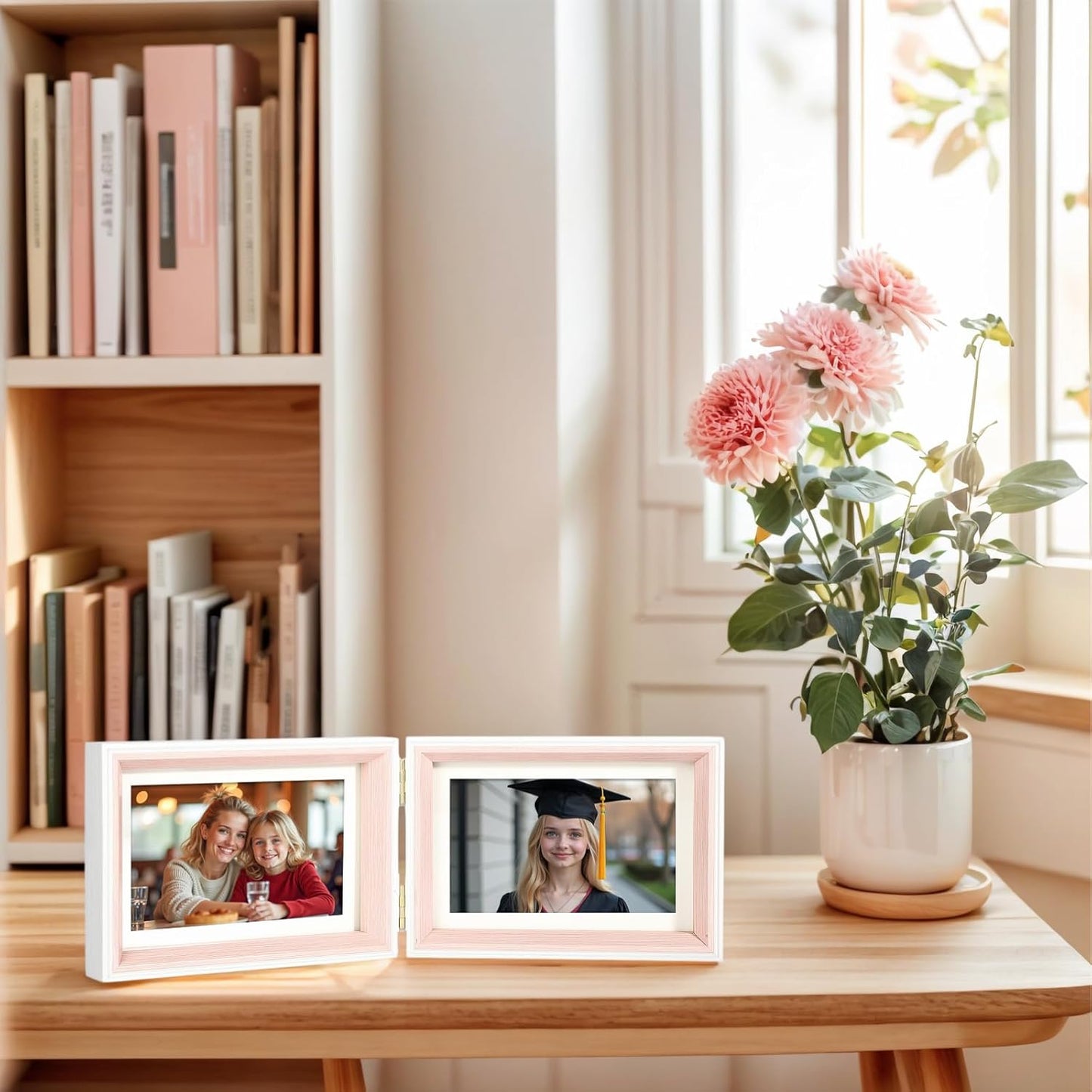 Double Hinged 5x7 Picture Frame with Real Glass in WhitePink- Display 4x6 with Mat or 5x7 without Mat, Foldable Photo Frame for Tabletop, Nice Gift for Family & Wedding Memories(PS006-PKH7)