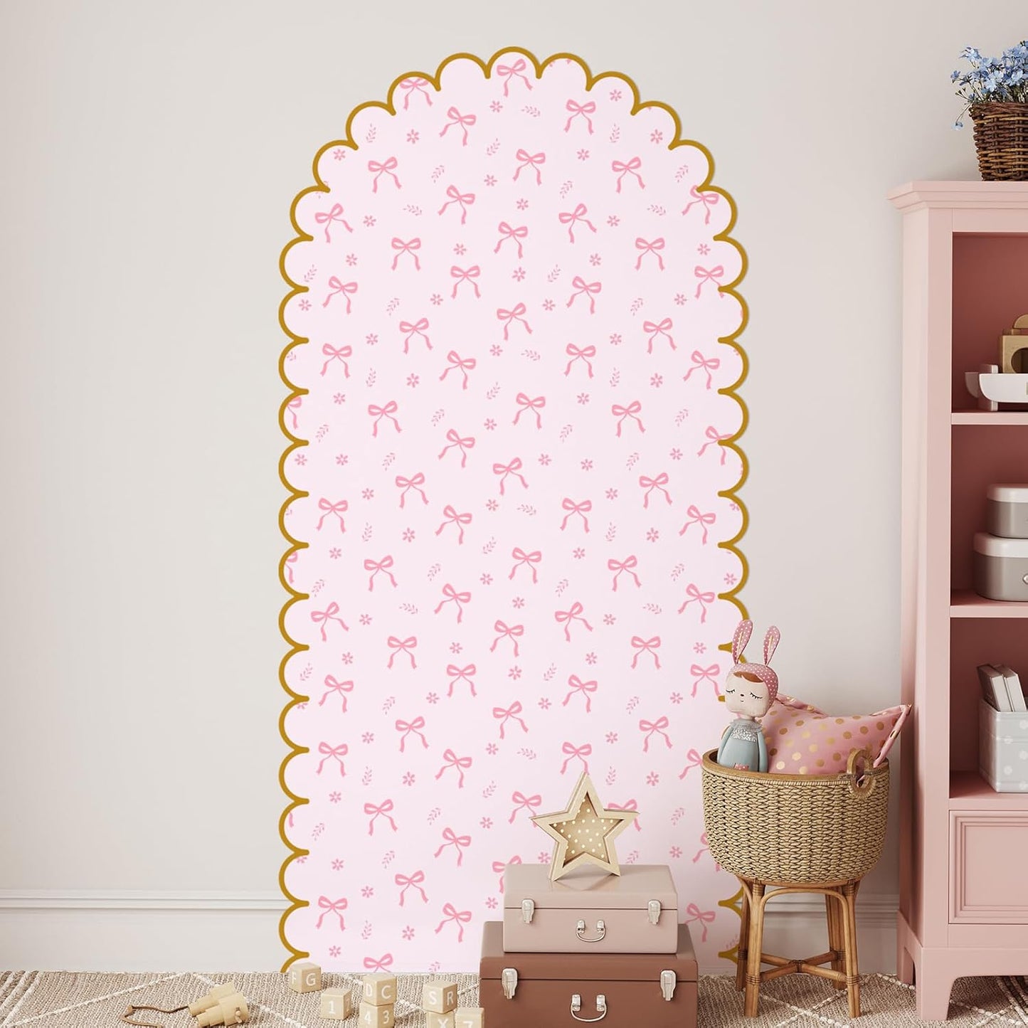 Leinuosen Pink Bow Arch Wall Decals Peel and Stick 58 x 30 Inch Large Bow Wallpaper Wall Decal Room Decor with Golden Scallop Frame Coquette Headboard Stickers for Nursery Bedroom Living Room