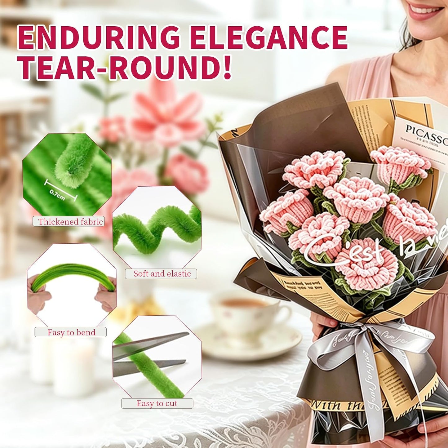 500 Pcs Pipe Cleaner Flower Kit, Pink Rose Pipe Cleaner Flowers with Chenille Stems, Wrapping Paper and Ribbon, DIY Arts and Crafts Gift for Girls