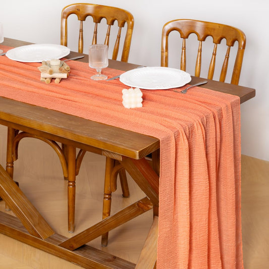Socomi 3pcs Peach Orange Summer Gauze Cheesecloth Table Runner 120 Inch Rustic Boho Cheese Cloth Runner for Wedding Party Baby Bridal Shower Centerpiece Decor Holiday Home Decorations