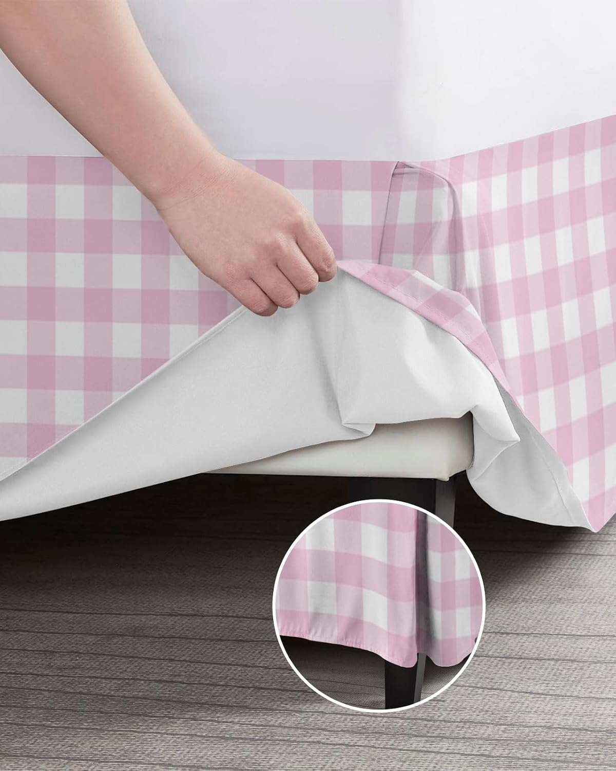 Bed Skirts Queen Size 16 Inch Tailored Drop Peach Pink Buffalo Checked Plaid Wrap Around Bed Skirt with Split Corners Hotel Quality Bedskirt Classic Grid Dust Ruffle for Queen Bed Skirt Bedroom Decor